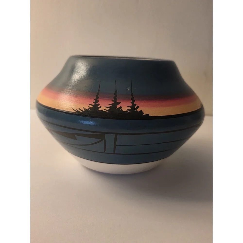 Navajo End Of The Trail Art Pottery Decorative Bowl, Hand-Painted Blue w Sunset.
